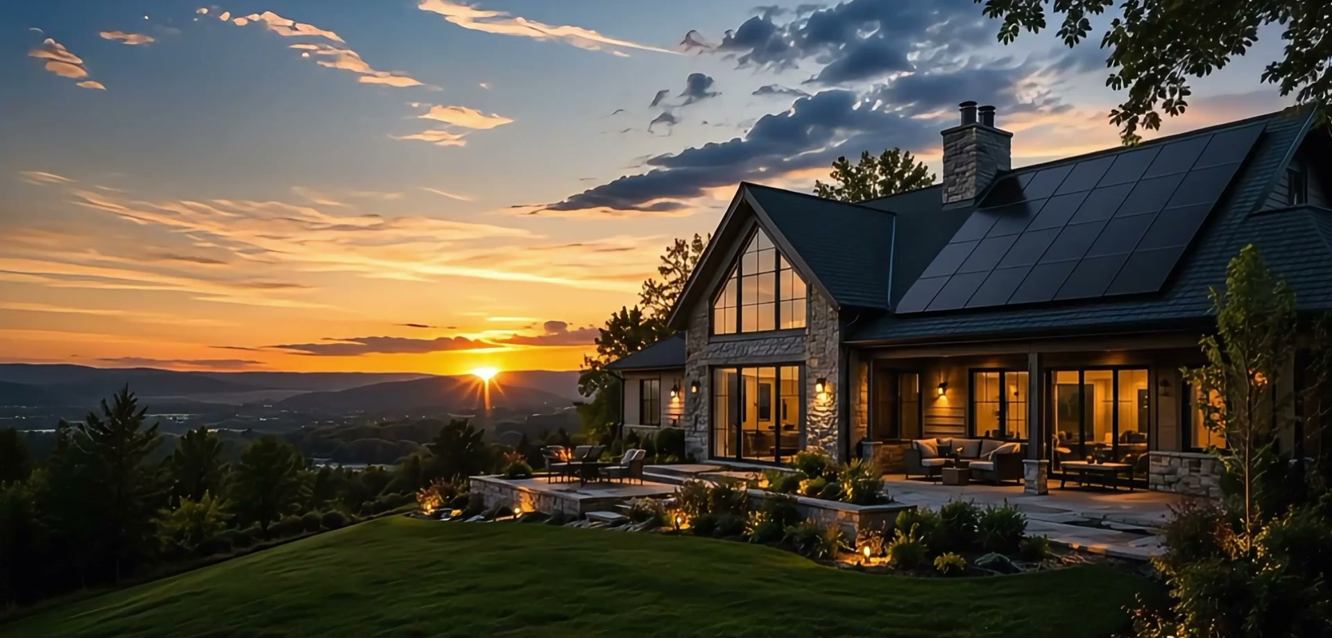 A Pennsylvania home with rooftop solar panels at sunset
